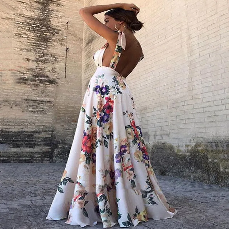 Women Long Maxi Clothes Bohemian Spaghetti Strap Backless Floral Print