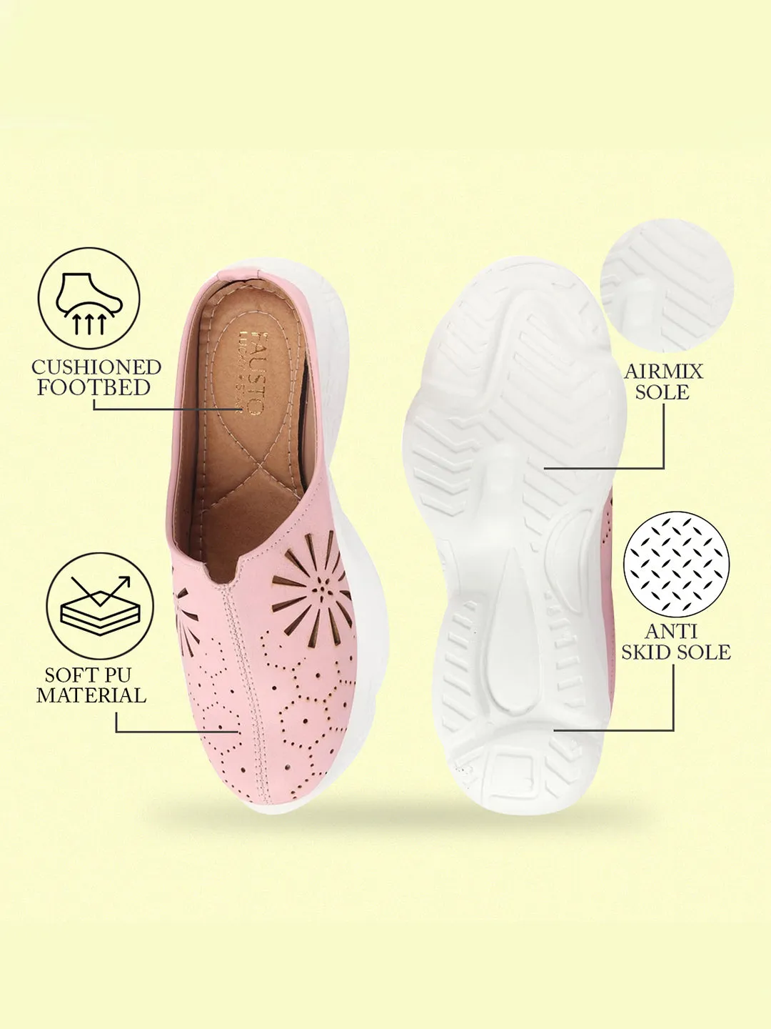 Women Pink Laser Cut Design Stitched Breathable Back Open Slip On Mules Shoes