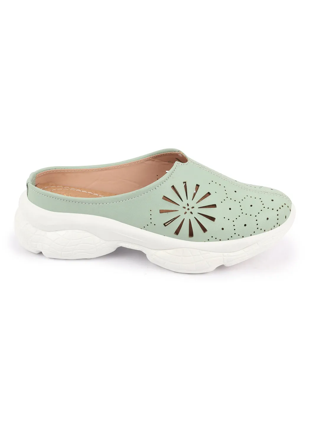 Women Pista Green Laser Cut Design Stitched Breathable Back Open Slip On Mules Shoes