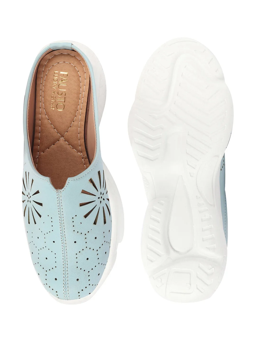 Women Sky Blue Laser Cut Design Stitched Breathable Back Open Slip On Mules Shoes