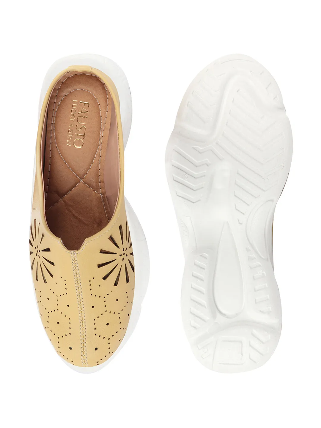 Women Yellow Laser Cut Design Stitched Breathable Back Open Slip On Mules Shoes