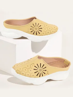 Women Yellow Laser Cut Design Stitched Breathable Back Open Slip On Mules Shoes