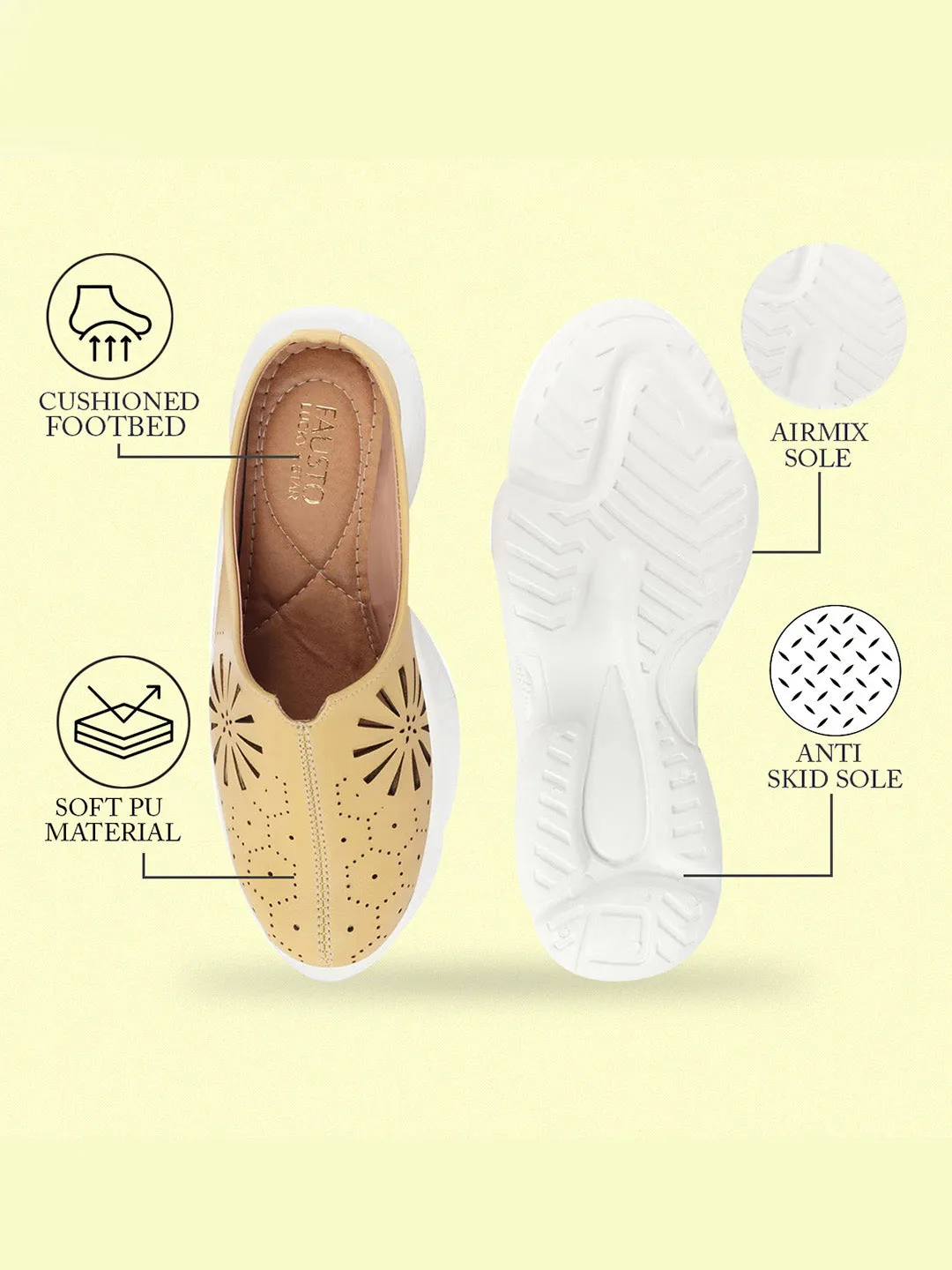 Women Yellow Laser Cut Design Stitched Breathable Back Open Slip On Mules Shoes