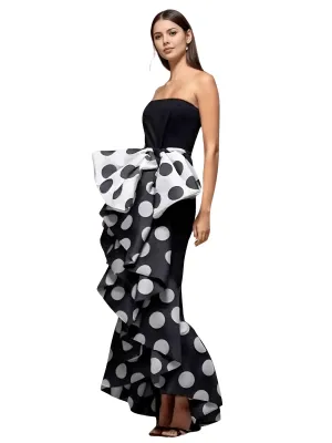 Women's British Style Bow-Embellished Pleated Polka Dot Strapless Dress Sleeveless Elegant Evening Dresses