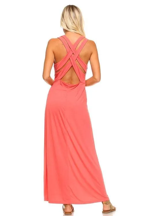 Womens Halter Maxi Dress With Cross Back Straps