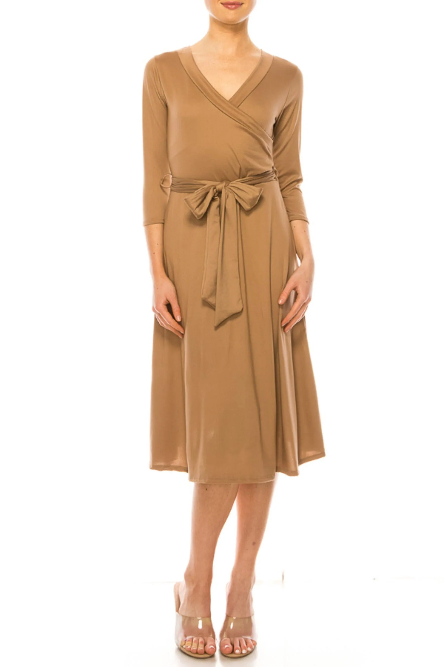 Women's Solid Wrap Dress 3/4 Sleeve V Neck Waist Tie