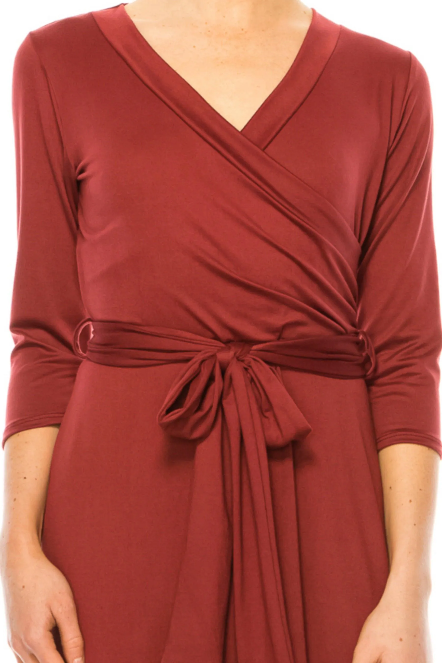 Women's Solid Wrap Dress 3/4 Sleeve V Neck Waist Tie