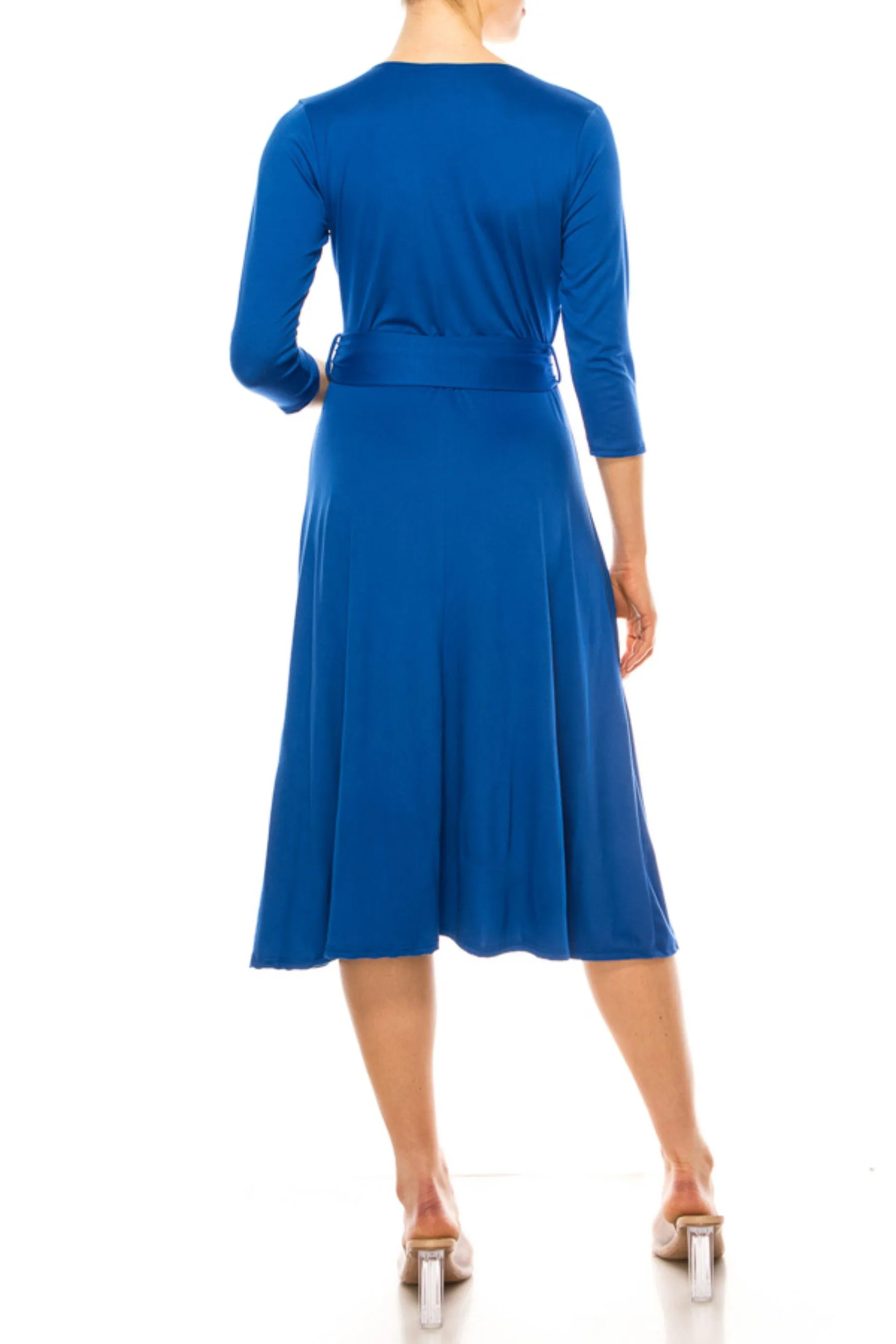 Women's Solid Wrap Dress 3/4 Sleeve V Neck Waist Tie