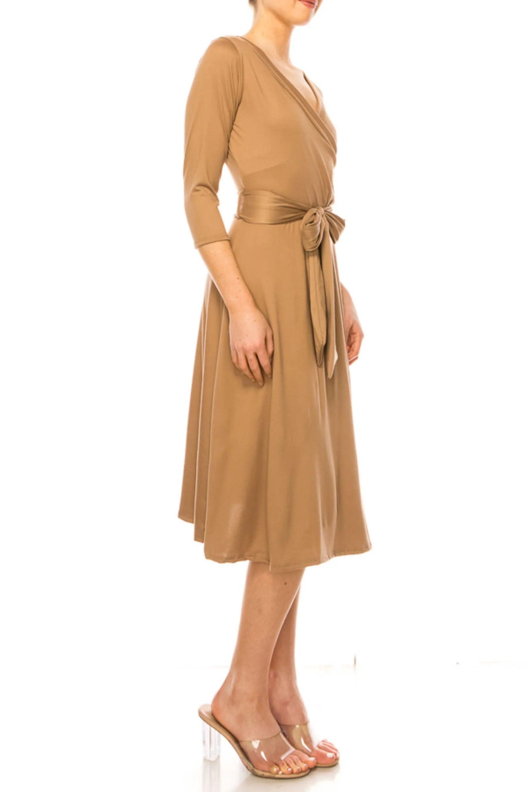 Women's Solid Wrap Dress 3/4 Sleeve V Neck Waist Tie