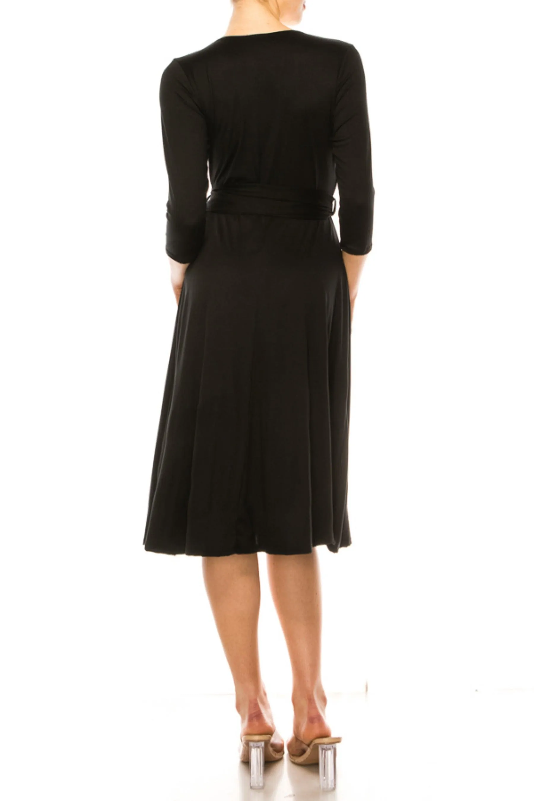 Women's Solid Wrap Dress 3/4 Sleeve V Neck Waist Tie