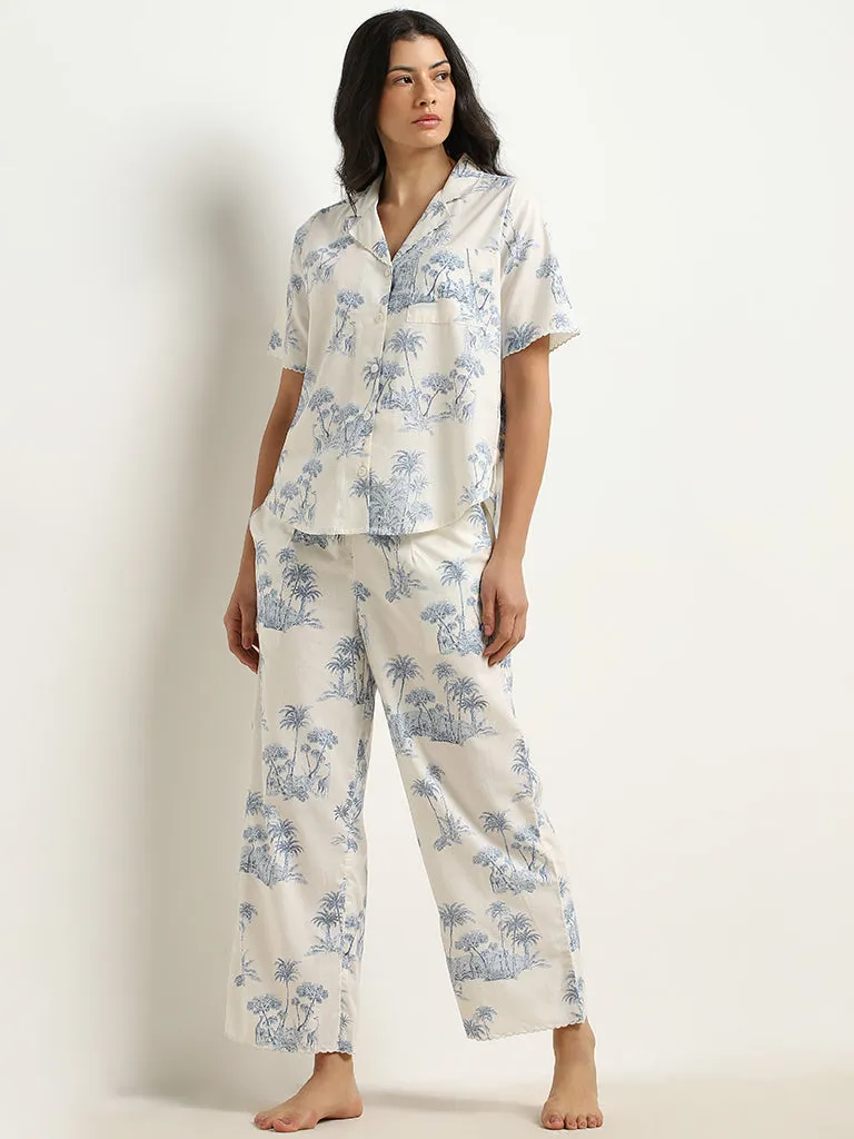 Wunderlove Blue Cotton Shirt & High-Rise Pyjamas Set