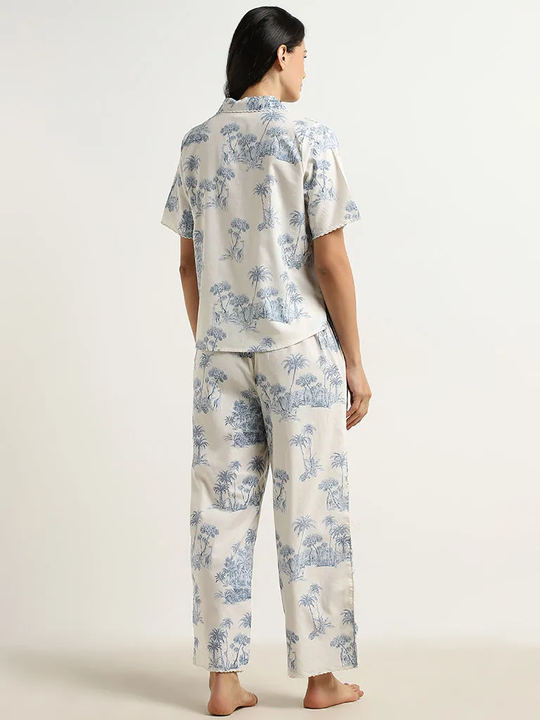 Wunderlove Blue Cotton Shirt & High-Rise Pyjamas Set